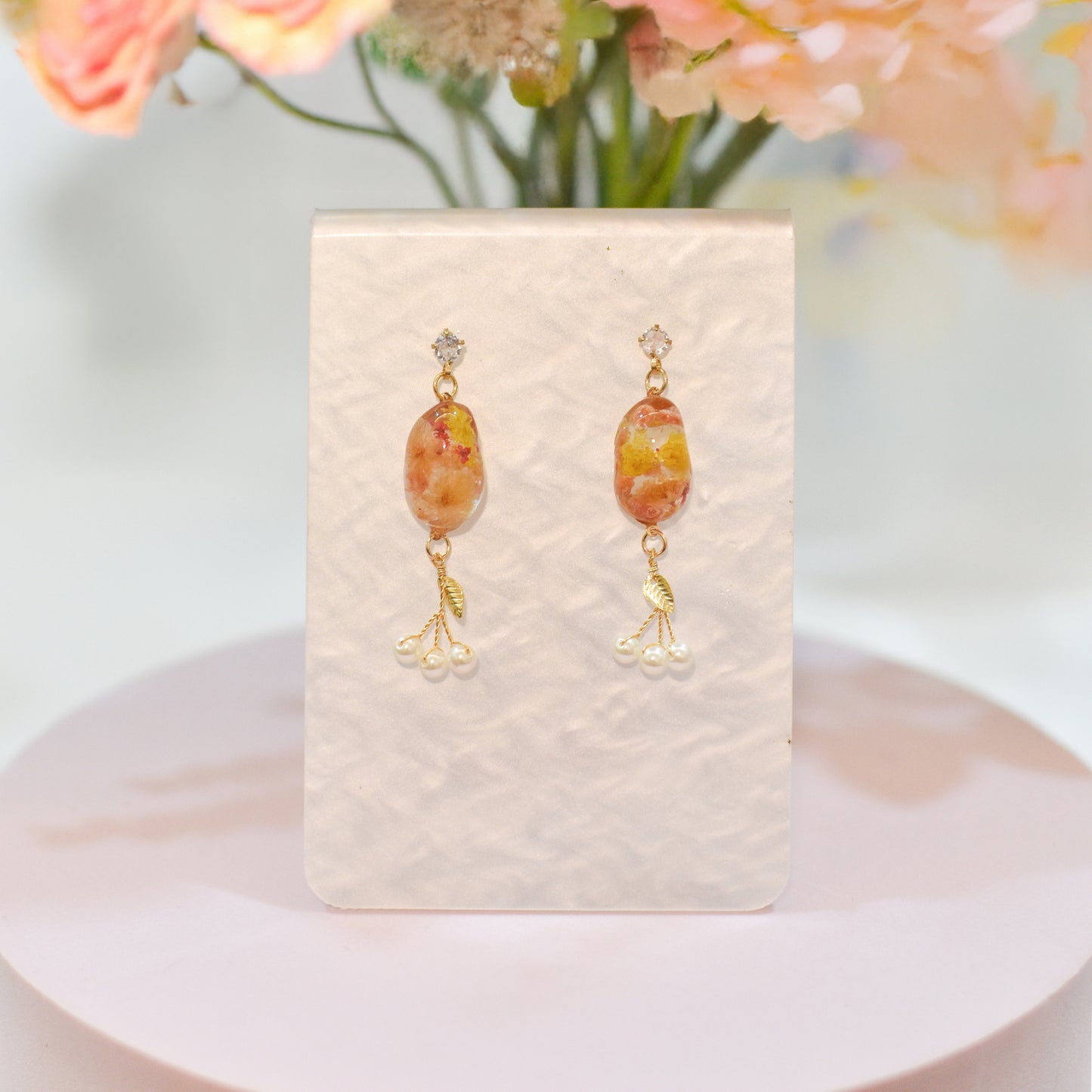 Floral Muse – Oval Earrings with Pearl & Leaf Drops (Gold)